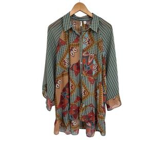 Cato Button Front Shirt Women Large Green Red Sheer Polyester Artsy Boho Western